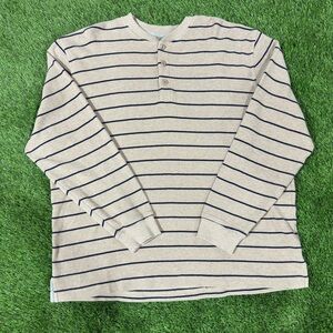 L.L. Bean Men's XLarge 100% Cotton Brown Navy Stripe Henley Waffle Knit Sweater